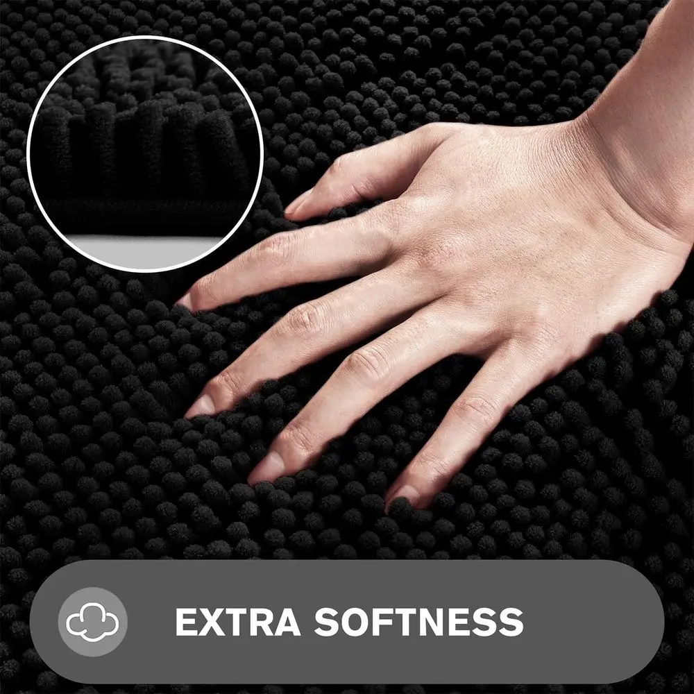 Large 40x60 Chenille Bath Mat - Thick, Absorbent & Washable Non-Slip Rug for Bathroom, Shower, Tub (Black)