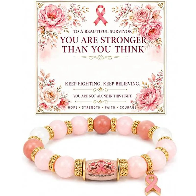 Breast Cancer Awareness Luxury Charm Bracelet for Women Pink Ribbon Handmade Beaded Encouragement Jewelry Gift with Message Card