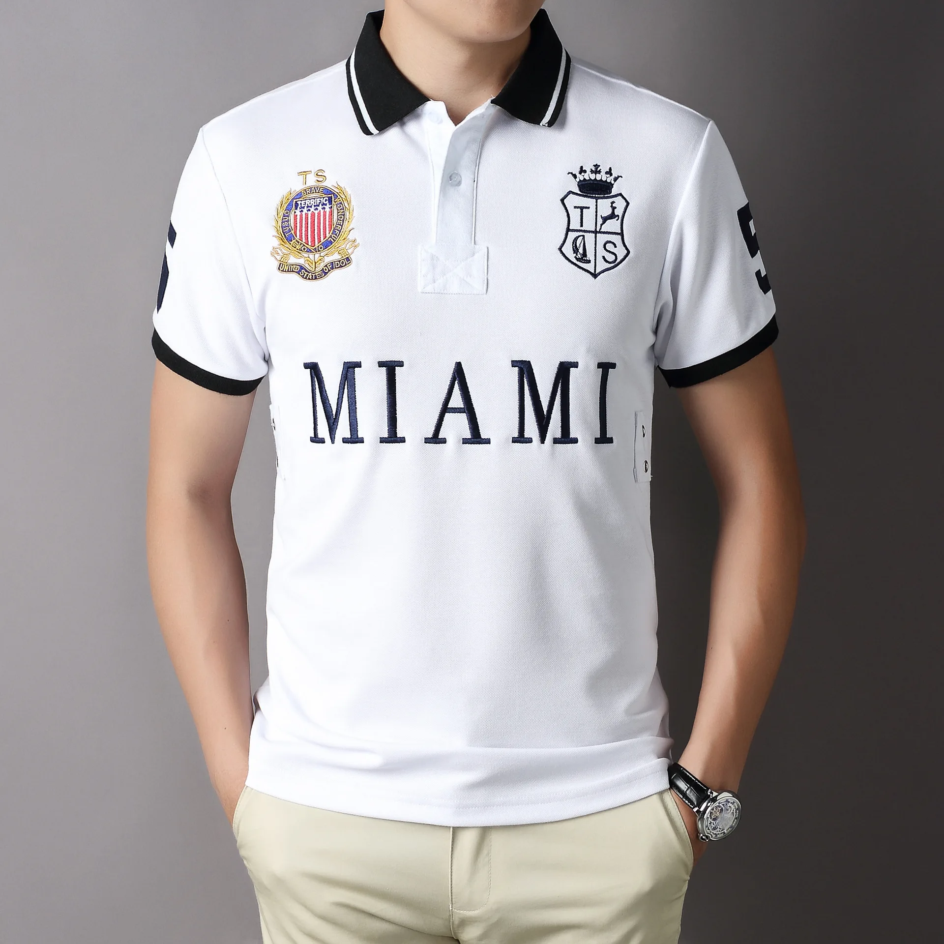 

New White Polo Shirt Men's Miami City of USA Popular Hot Sale Athleisure Cotton European Short Sleeve Plus Size 7xl Clothing