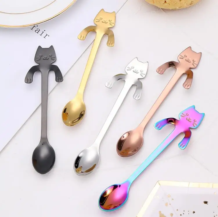 

200pcs Cute Cat Teaspoons Stainless Steel Cartoon Cat Spoons Creative Ice Cream Dessertcoffee&tea Spoon Wholesale SN6286