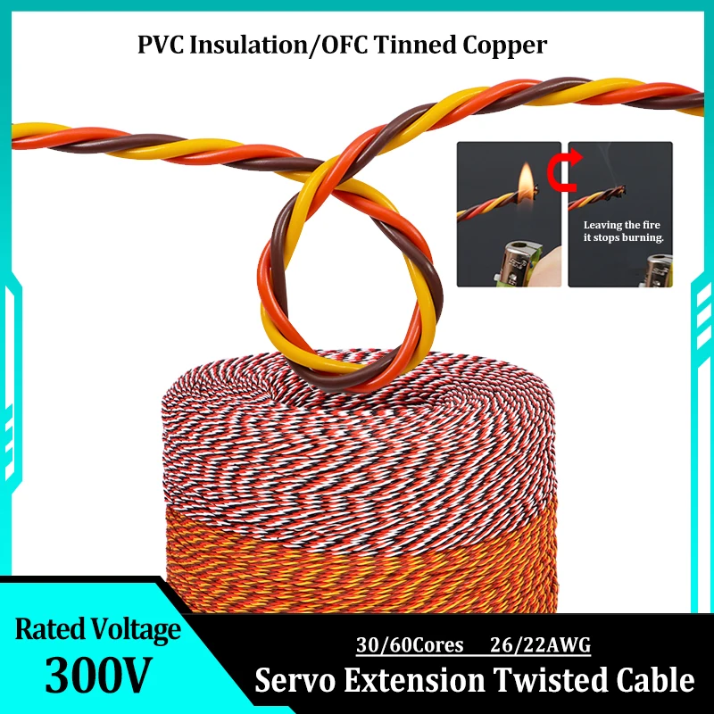 1-20m 26/22AWG Servo Extension Twisted Cable 30/60Cores 3 Way JR Futaba Twisted Wire Cord Lead Wire For RC Airplane Accessories