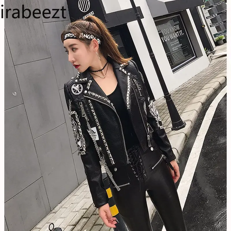 

Motorcycle Street Wear Coat Women 2024 New Riveted Fashion Design Sense Short Lapel Black Leather Jacket Women