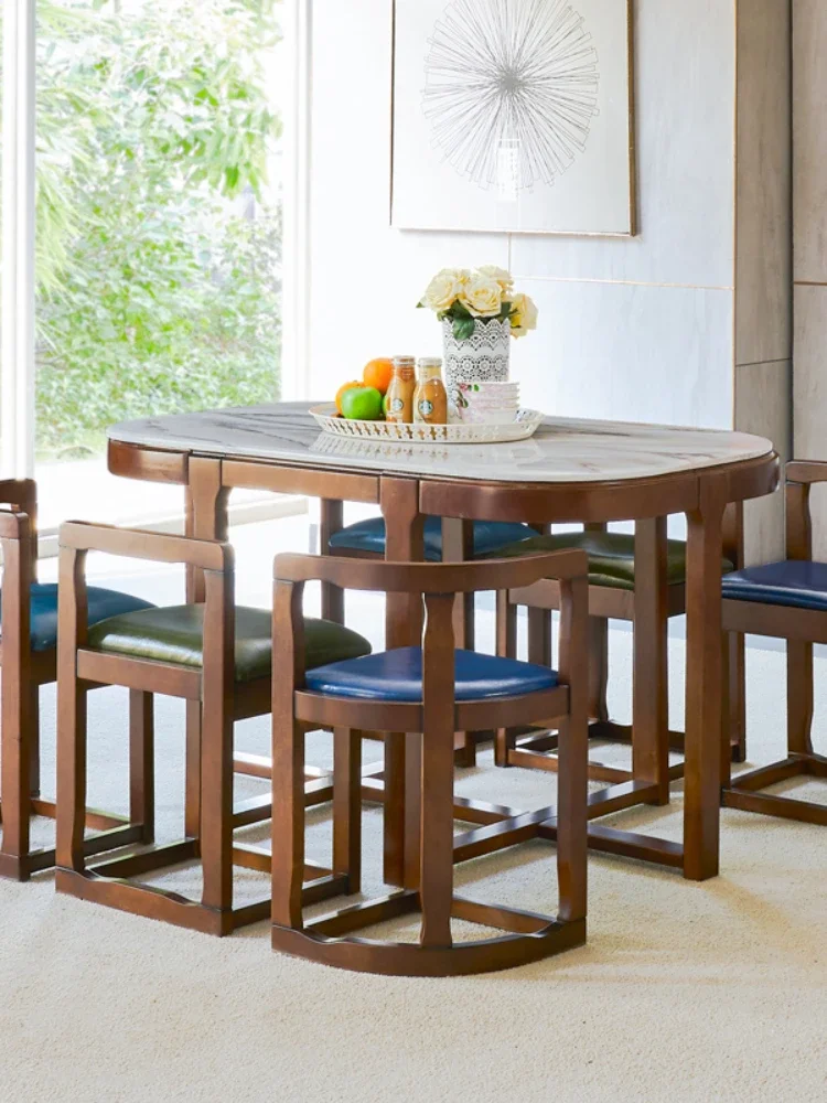 Small Apartment American Dining Tables and Chairs Set Storage Rectangular a Table with Six Chairs Creative Marble1