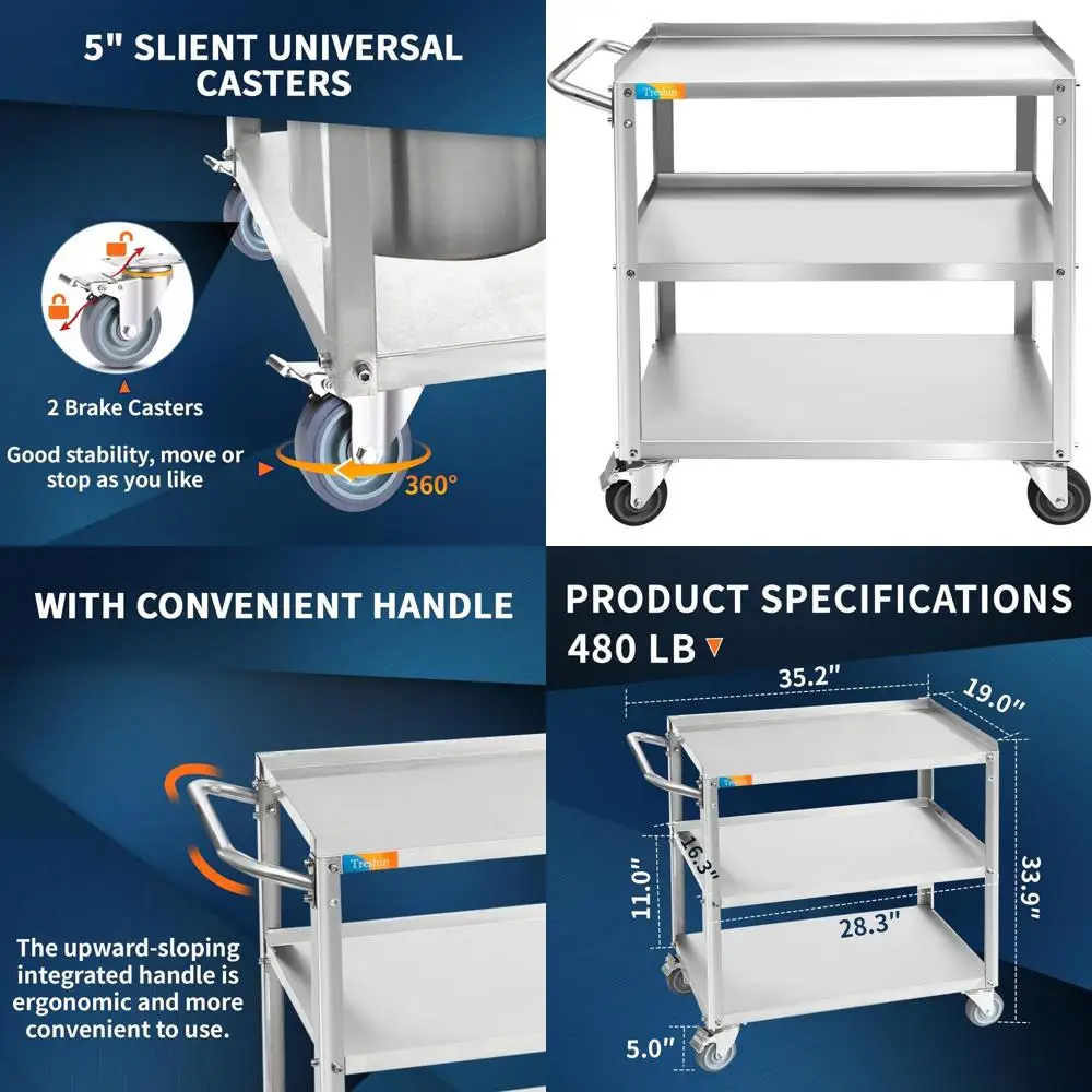 

Heavy-Duty 3-Tier Stainless Steel Utility Cart with Wheels for Kitchen, Restaurant, Hospital, and Hotel - 19x31x34