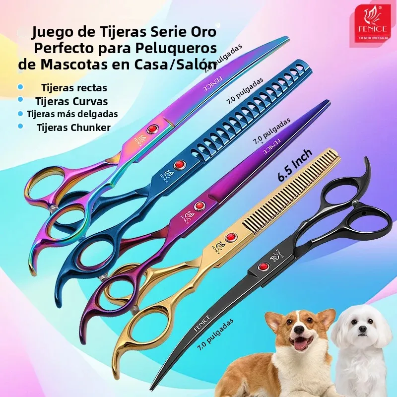 Juego de Tijeras Profesionales para Peluquería Canina Fenice de 6.5/7 Pulgadas, Coloridas, Rectas, de Entresacar, Curvas y de Corte, Kit de Herramientas para Peluquería Canina