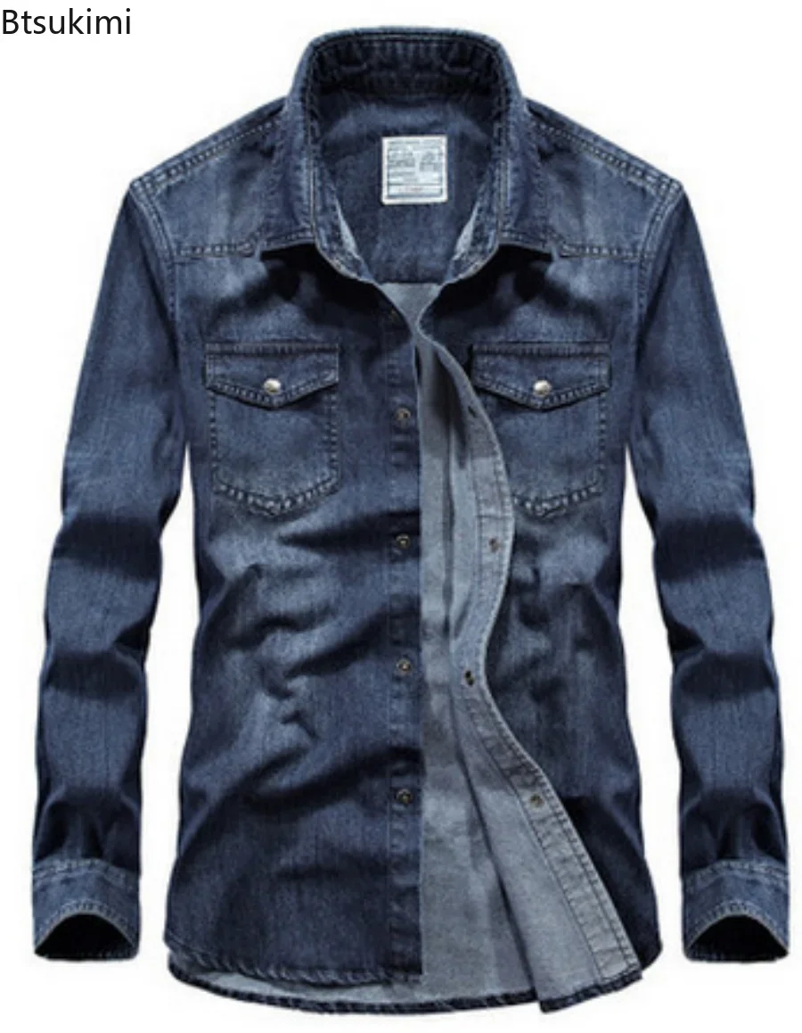 2024Men's Denim Jeans Shirt Long Sleeve 100% Cotton High Quality Handsome Hombre Casual Jean Shirt Top Male Shirts Plus Size 4XL