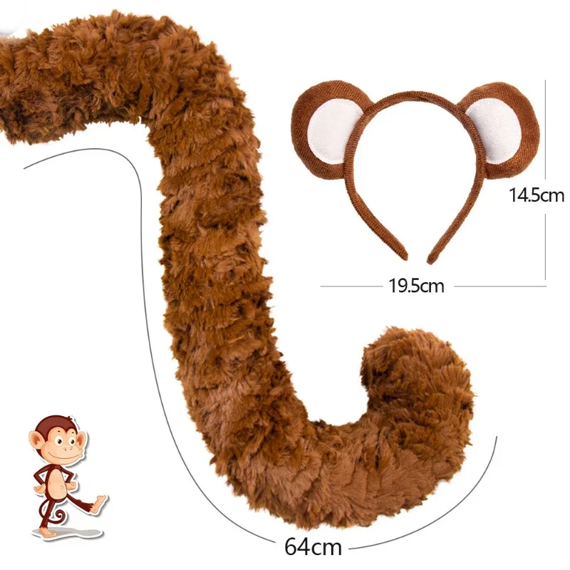 Set di coda per copricapo con orecchie di scimmia Accessori decorativi per animali carini Accessori per feste per ragazzi e ragazze Abiti per spettacoli teatrali di carnevale