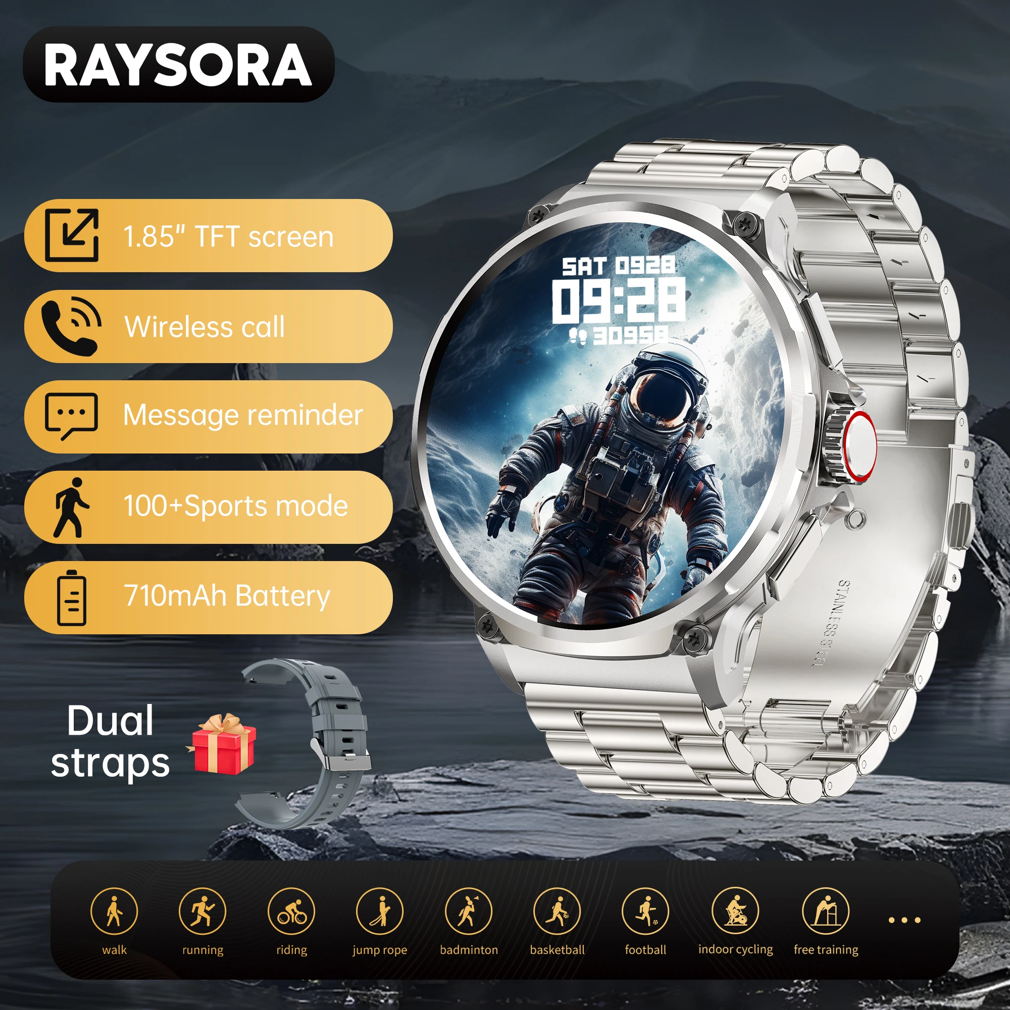 

RAYSORA Men's Smartwatch, 1.85 Inch, 710 Amh, Wireless Calling, Step Counting, Sleep Monitoring, Motion Tracking, Black, Silver