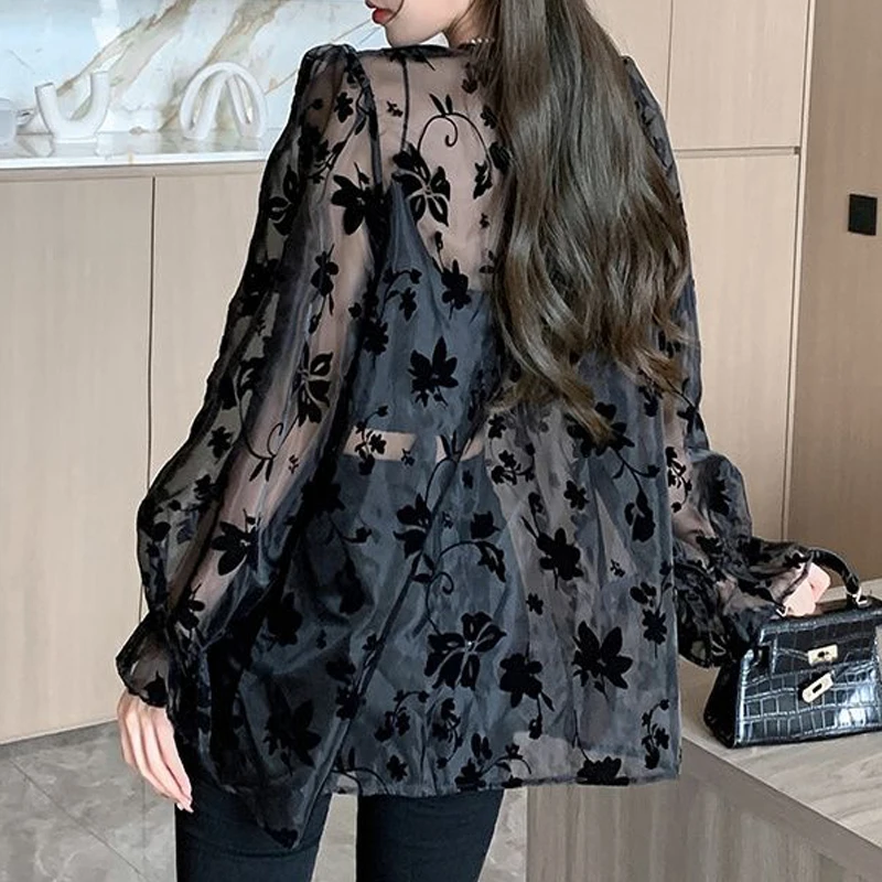 Women Chinese Style Vintage Sunscreen Cardigan Shirt Sexy Mesh See Through Loose Blouse Summer Black Long Sleeve Thin Tunic Tops