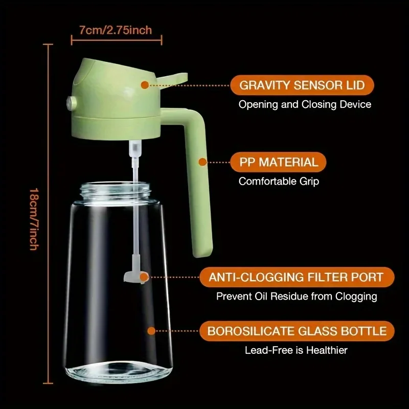 Gravity Sensor Auto Opening Oil Pouring Bottle with Built-in Sprayer, Anti-Clogging Filter Port Silk-Smooth Glass Cruet, Kitchen Measuring Oil Pot