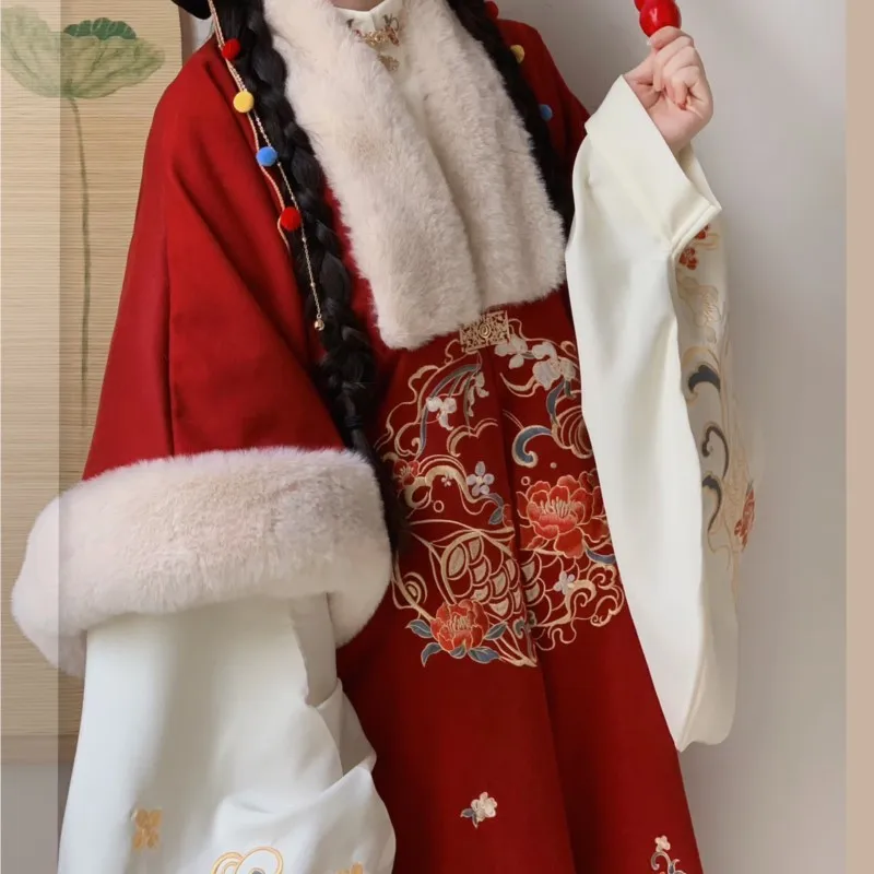 Roupa chinesa Han de estilo nacional feminina, casaco de pele, saia, roupa vermelha