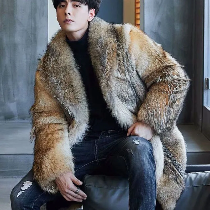 Men Faux Fur Cardigan Jacket Long Sleeve Thick Warm Fur Coats Outerwear High Street Loose Turn Down Collar Pockets Autumn