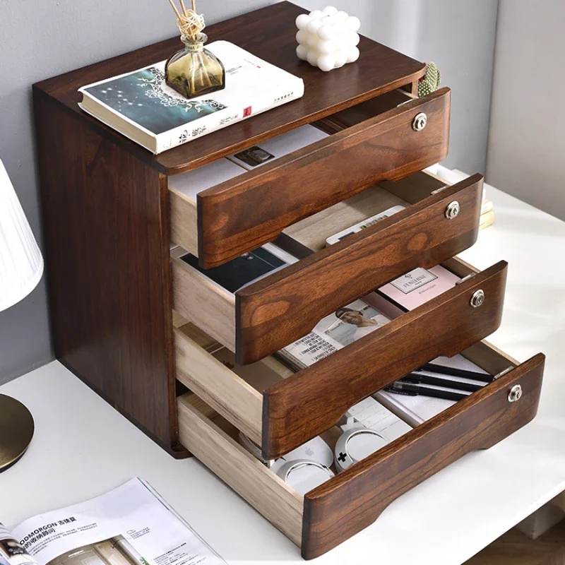 Lockable Desktop Organizer, Solid Wood, Desk Drawer, Storage Box, Multi-Layer, 3 or 4 Layers