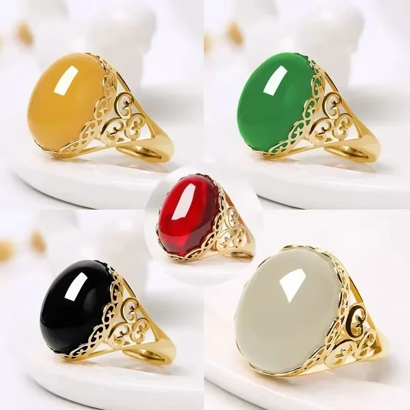 

Shajin Ethnic Style Grandmother Imitation Green Jadeite Ring Temperament Ring Opening Imitation Red Green Agate Colored