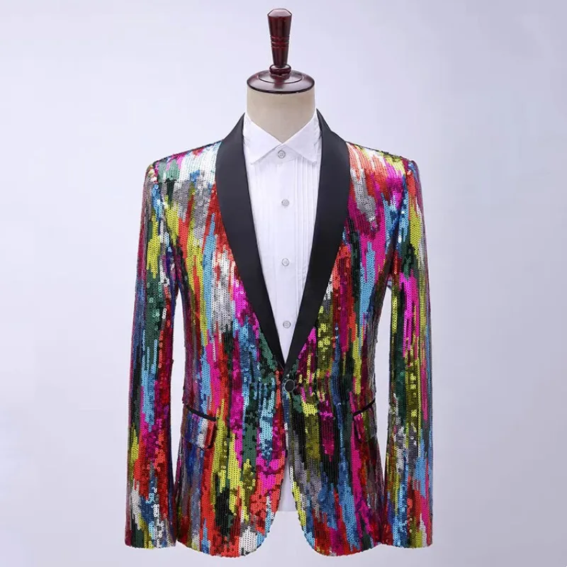 

Men's Colorful Sequins Stripes Blazers Slim Fit Single Button Male Groom Wedding Party Bar Nightclub Stage Tuxedo Jacket Costume