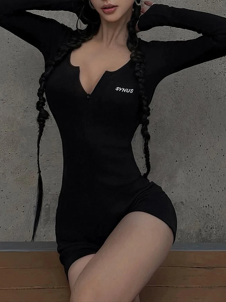 

Cutenew комбинезоны с буквенным принтом, женские классические трендовые сексуальные комбинезоны на молнии с длинными рукавами и низким воротом, эластичные узкие комбинезоны для уличных тренировок