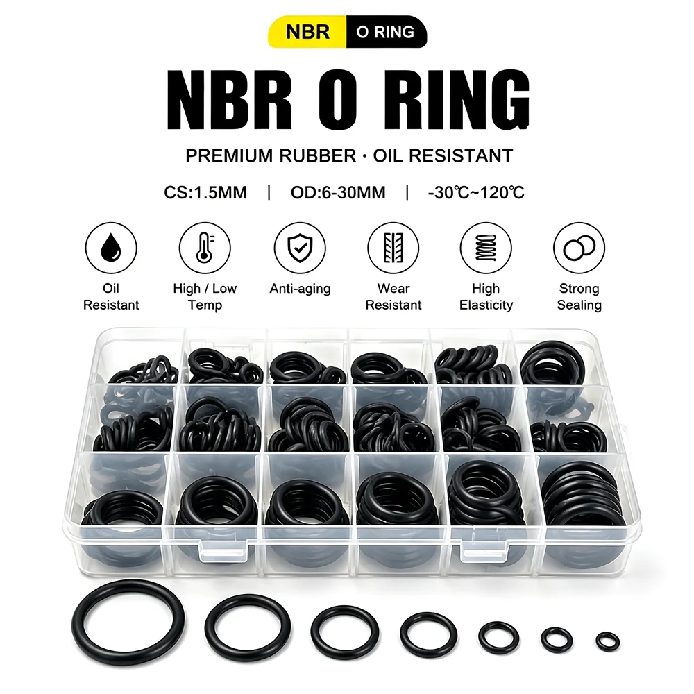 225pcs Black NBR O-ring Combination Cs1.5mm OD 6-30mm Long term sealing/industrial equipment maintenance complete set of rubber