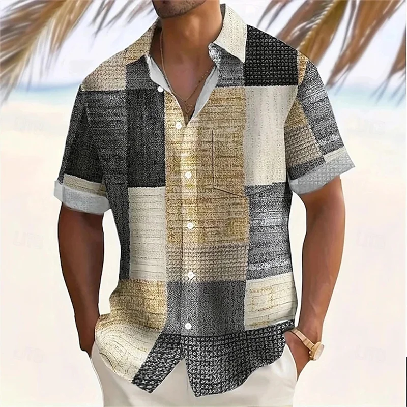 2026 New Men's Retro Color Block Plaid Short-Sleeve Shirt, Lapel with Pockets, Casual Vacation Style Men's Top, Sizes XS-6XL