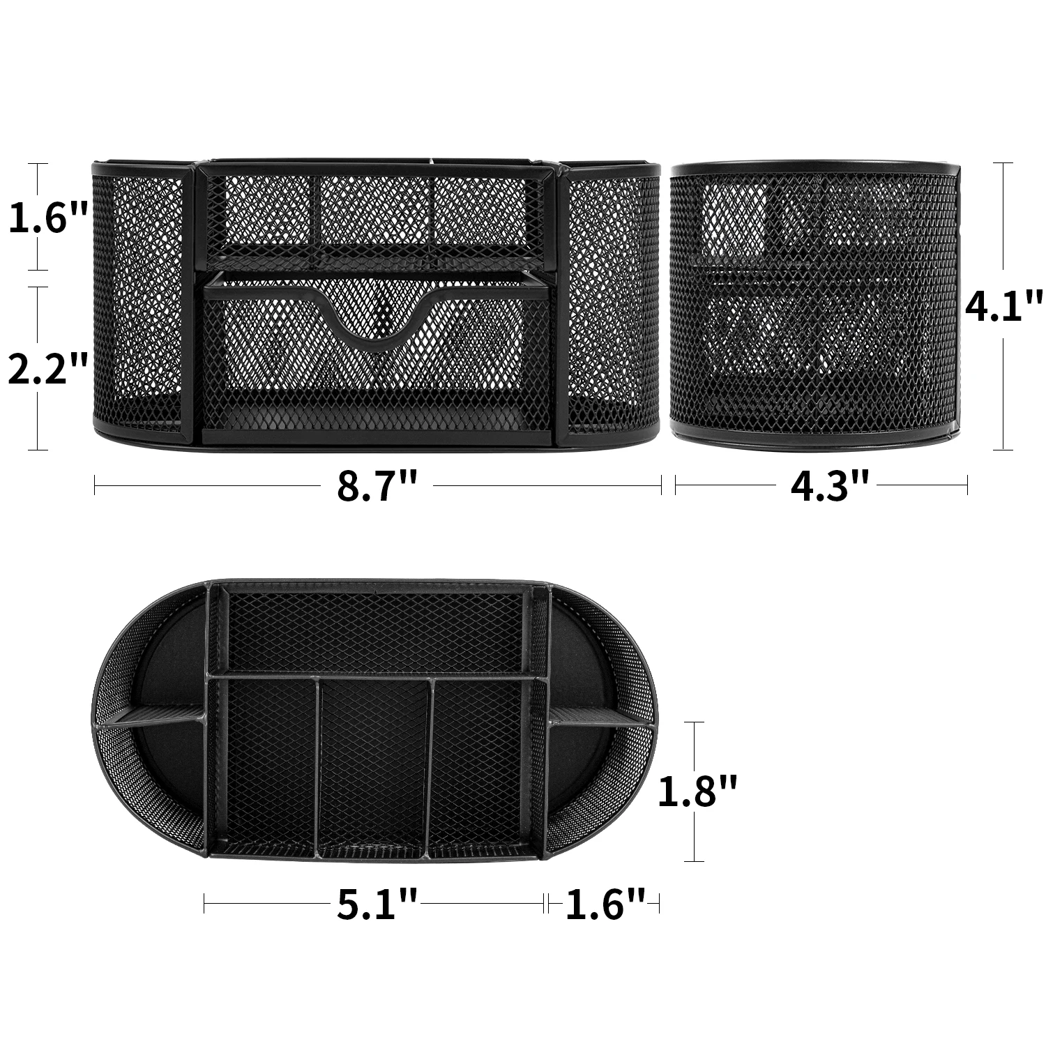 Organizador de mesa Deli Mesh com gaveta, 8 compartimentos, preto