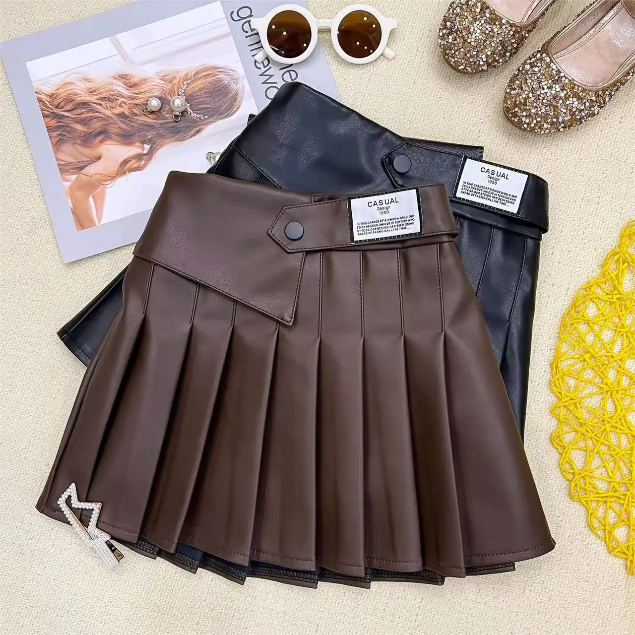 Girls Leather Skirt Spring and Autumn New Korean Style Stylish Versatile Flat Waist Pleated A-line Pleated Skirt Texture Fashion