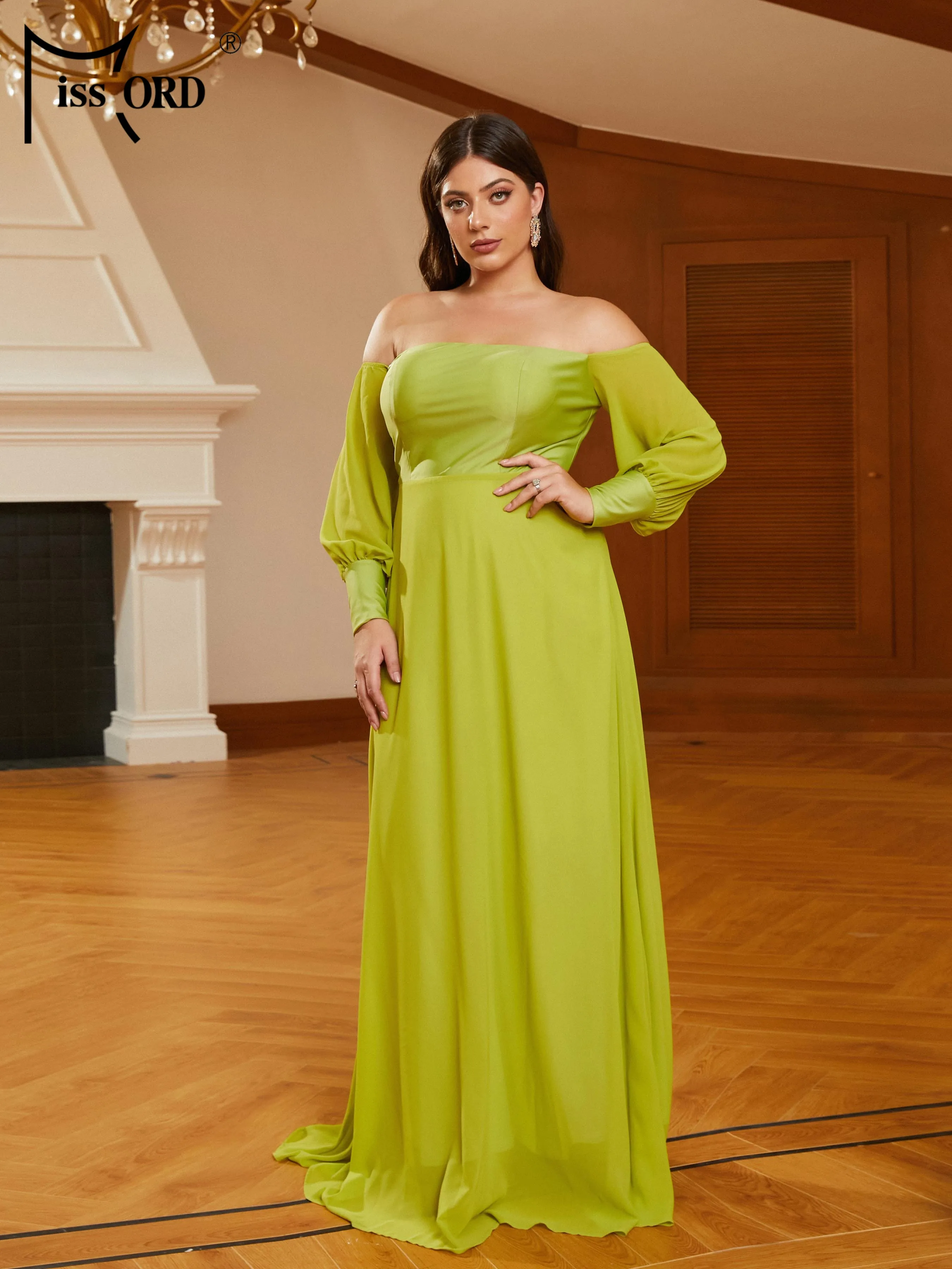 Missord-vestido verde de talla grande para mujer, prenda elegante con hombros descubiertos, manga farol, holgado, corte en A, largo, para fiesta de