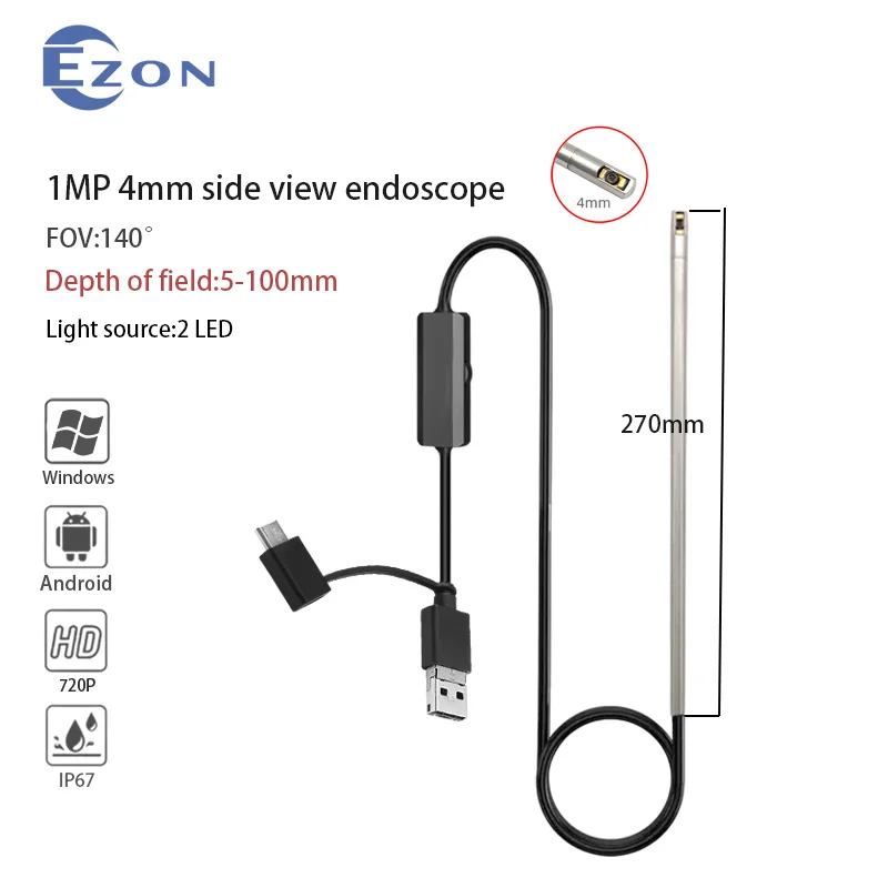 1MP 4mm 140° Long Tube Wide Angle Industrial Endoscope Camera for Pipes 2m USB Type-C Android 3-in-1 Soft Cord Endoscope Probe