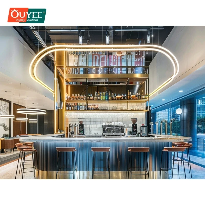 custom.New Design Cafe Full Service Coffee Shop Counter System Wall Mounted Display Shelving