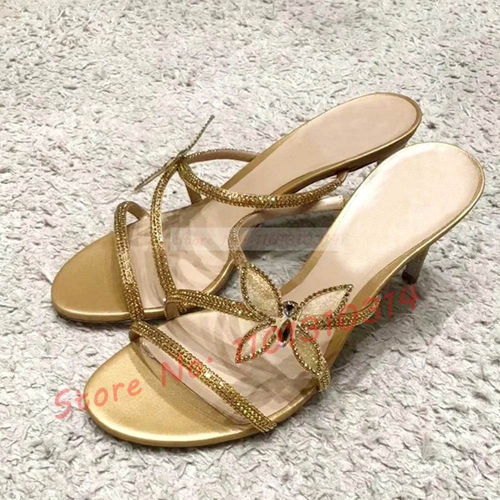 Butterfly Crystal Strappy Slippers Women Sparkly Gold Elegant Summer High Heels Shoes Luxury Holiday Cross Strap Pretty Slippers