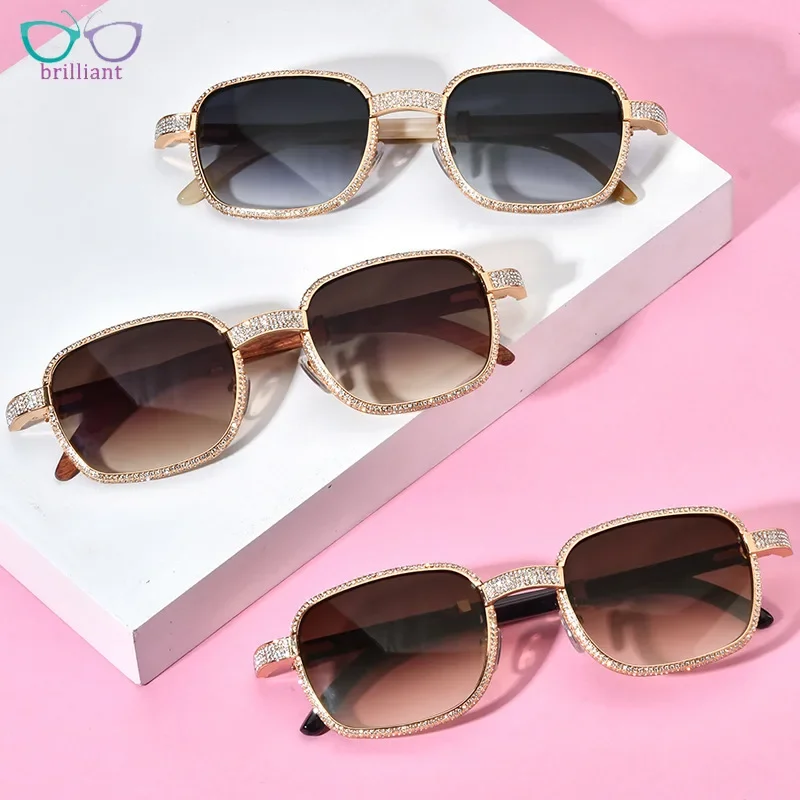 White Diamond Natural Black Bull Horn Gold Plated Optical Glasses Legs High End Square Outdoor Protection UV400 Sun Glasses