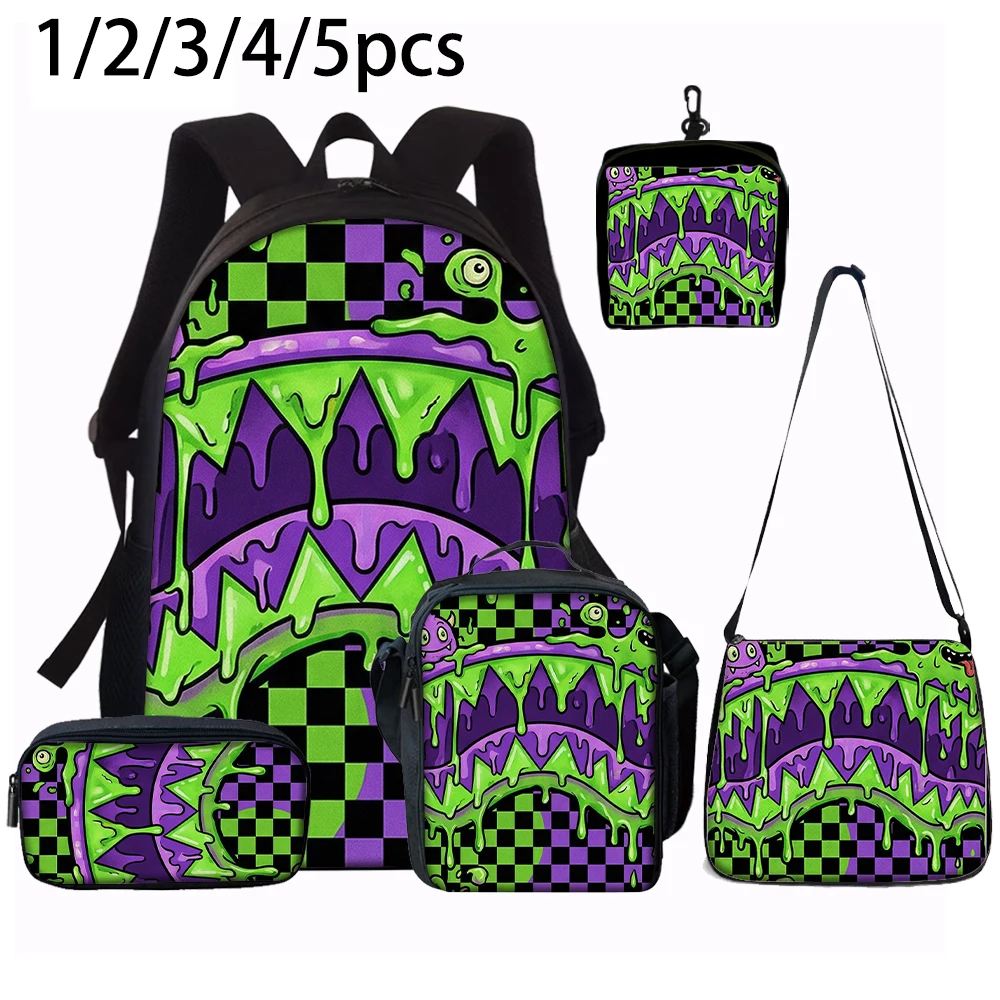 1/2/3/4/5PCS Trendy Shark Graphic Backpack Set | Perfect for School & Daily Adventures
