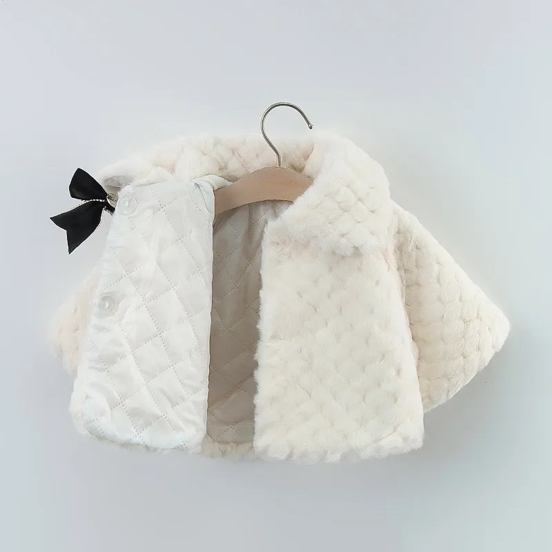 New Faux Fur Plush Girls Baby Jacket Keep Warm Outerwear Fashion Bow Little Princess Christmas Birthday Party Coat Kids Clothing