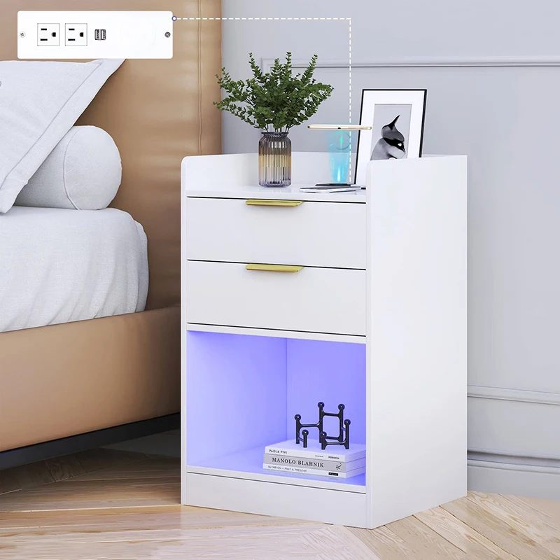 Innovative Luxury White Promotional Oem Wooden End Side Bedside Table Led Nightstand With Charging Station For Living Room