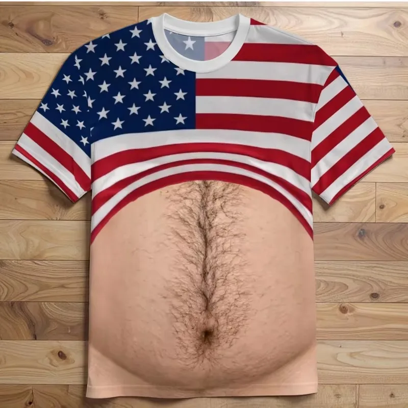 2026NewFunny Fake Hairy Beer Belly American Flag 3D Print T-Shirt Men 4th July BBQ Party Novelty Tee