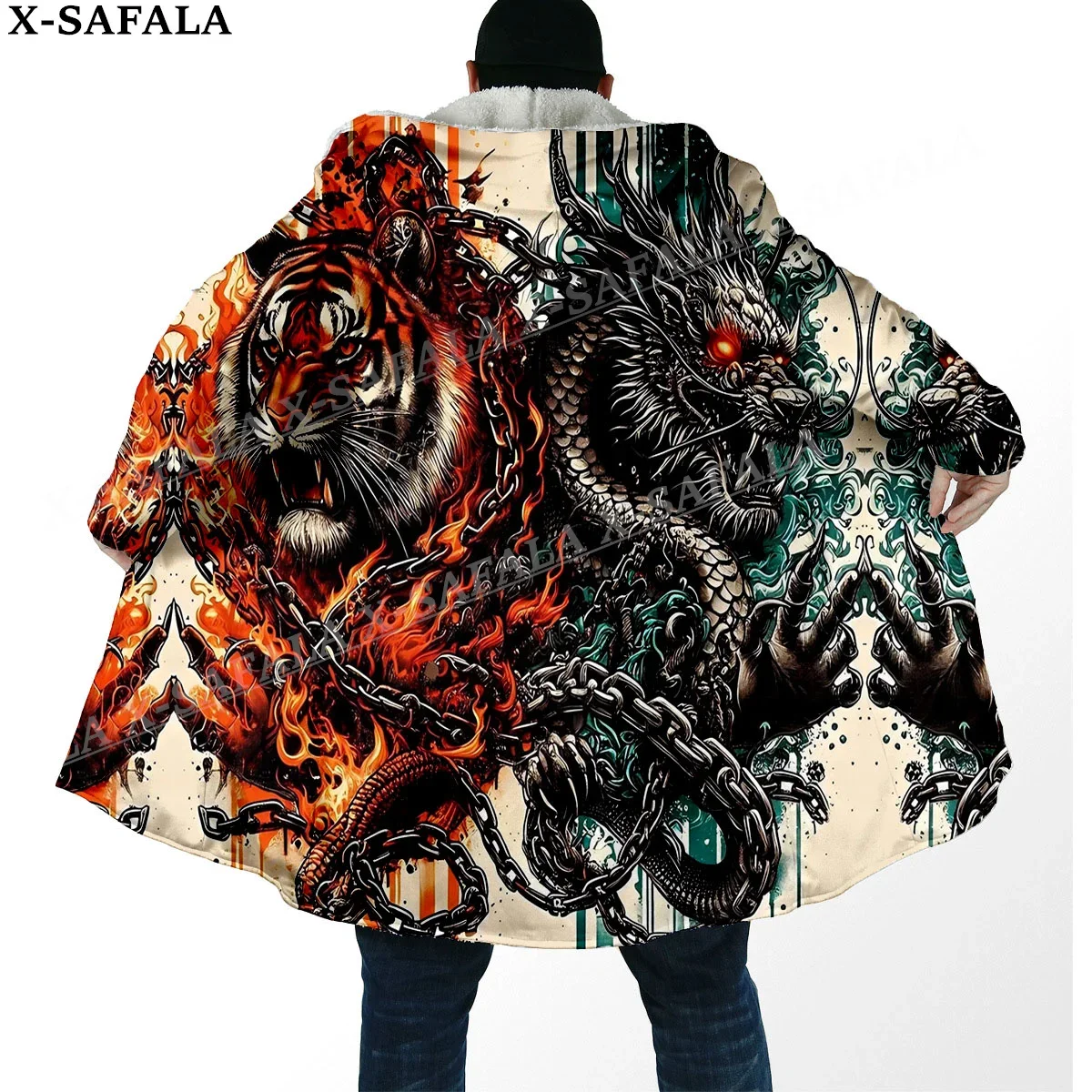 Chinese Myth Dragon And Tiger Spirit Arts Thick Warm Hooded Cloak Men Overcoat Coat Windproof Fleece Cape Robe Hooded Blanket-9