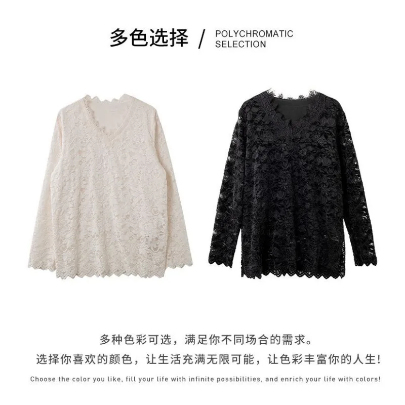 Autumn Winter New Style V-neck Fashion Temperament Versatile Lace Shirt Women's Style Foreign Style Hollow Versatile Trend