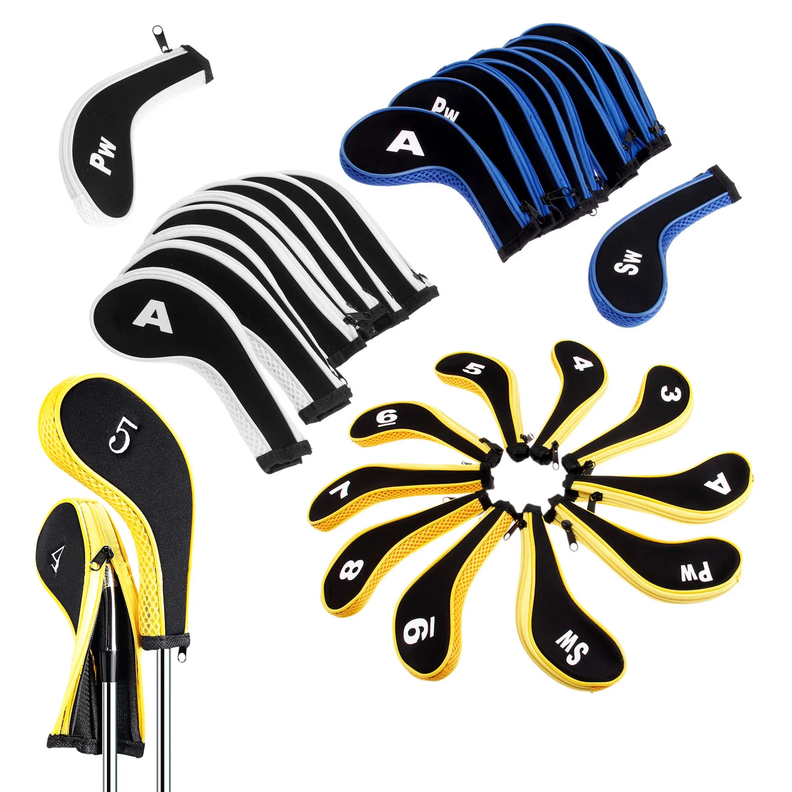 Golf Club Iron Head Covers 10Pcs Neoprene Golf Headcovers Golf Club Iron Putter Protect Set Number Printed With Zipper Long Neck