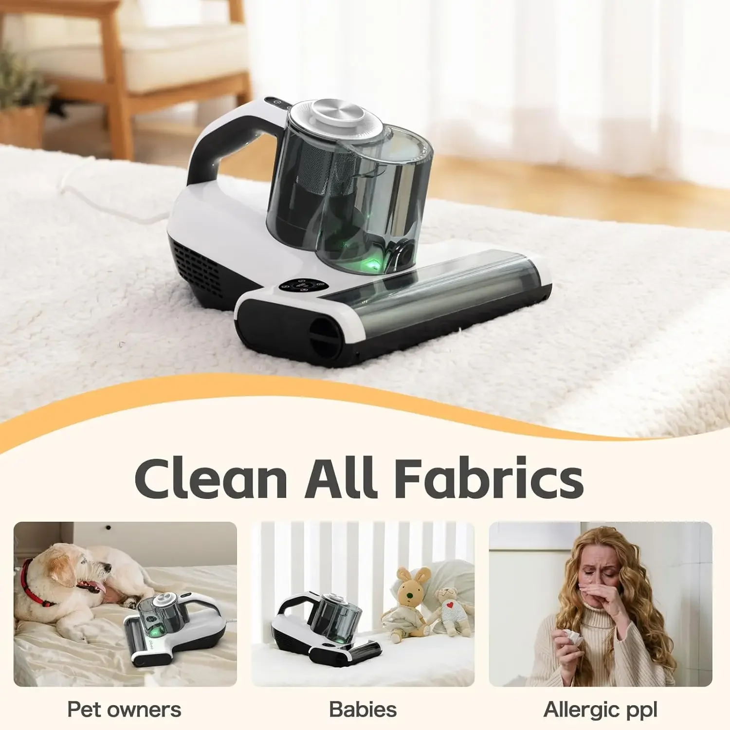 เครื่องดูดฝุ่นที่นอน, เครื่องดูดฝุ่นเตียงเบาะ, แรงดูด 18KPa, 140 ℉   เครื่องทําความร้อน, เซ็นเซอร์กันฝุ่นอัจฉริยะ, HEPA F แบบล้างทําความสะอาดได้