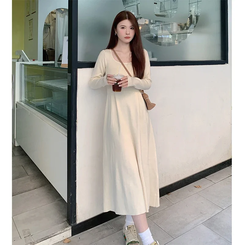 

Square Collar Knitted Dresses Women Autumn and Winter New Long Sleeve Solid Color A-line High Waist Daily Basics Dress Female