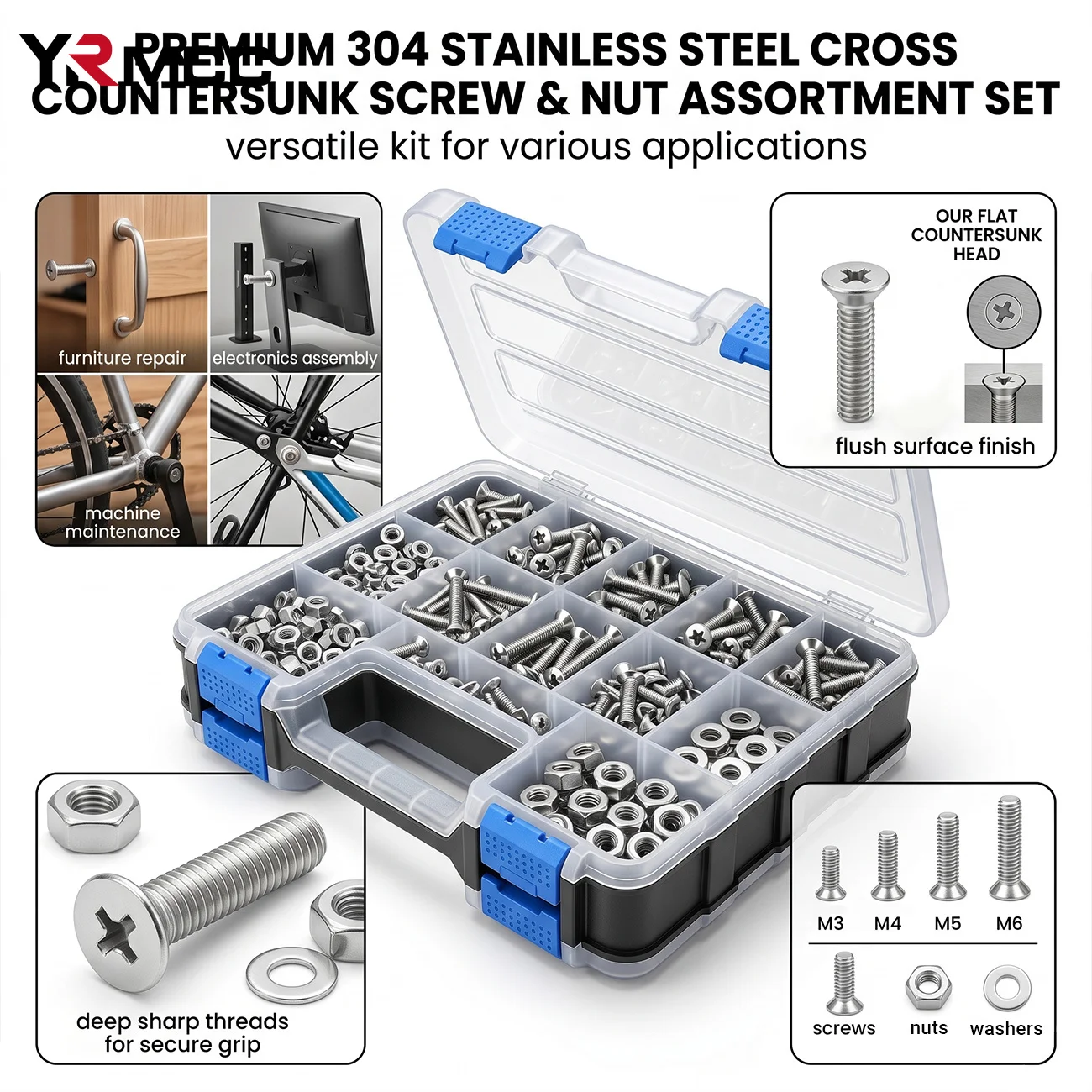 1575Pcs M3 M4 M5 M6 Phillips Countersunk Screw Assortment 304 Stainless Steel Nuts Washers Hardware Kit Double Sided Storage Box