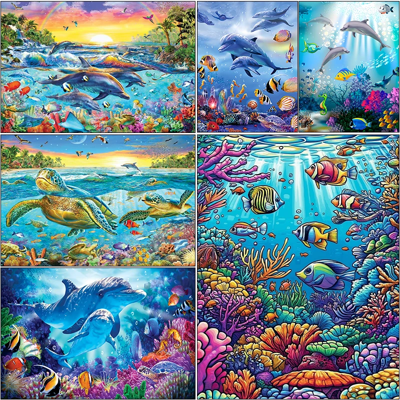 大人のための海の動物のダイヤモンド絵画,クロスステッチ,海の風景,工芸品,魚,イルカ,カメ,新着