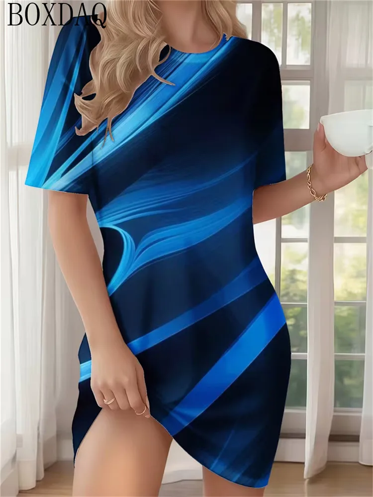 2026 Summer Home Abstract Design Printed Round Neck Short Sleeve Loose Women's Dress