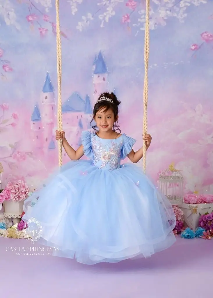 Princess Blue Flower Girl Dresses Ball Gown Little Baby Toddle Girl Christmas Pageant Birthday Ball Gowns Christening Dress