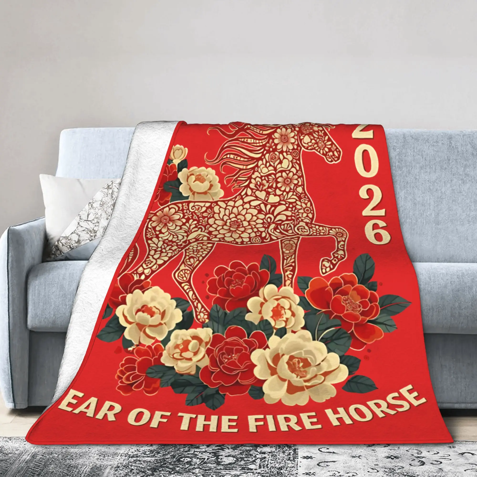 Year Of The Fire Horse 2026 Chinese New Year  Blanket Flannel Air Conditioning  Breathable Thin Throw Blanket Plush Thin Quilt