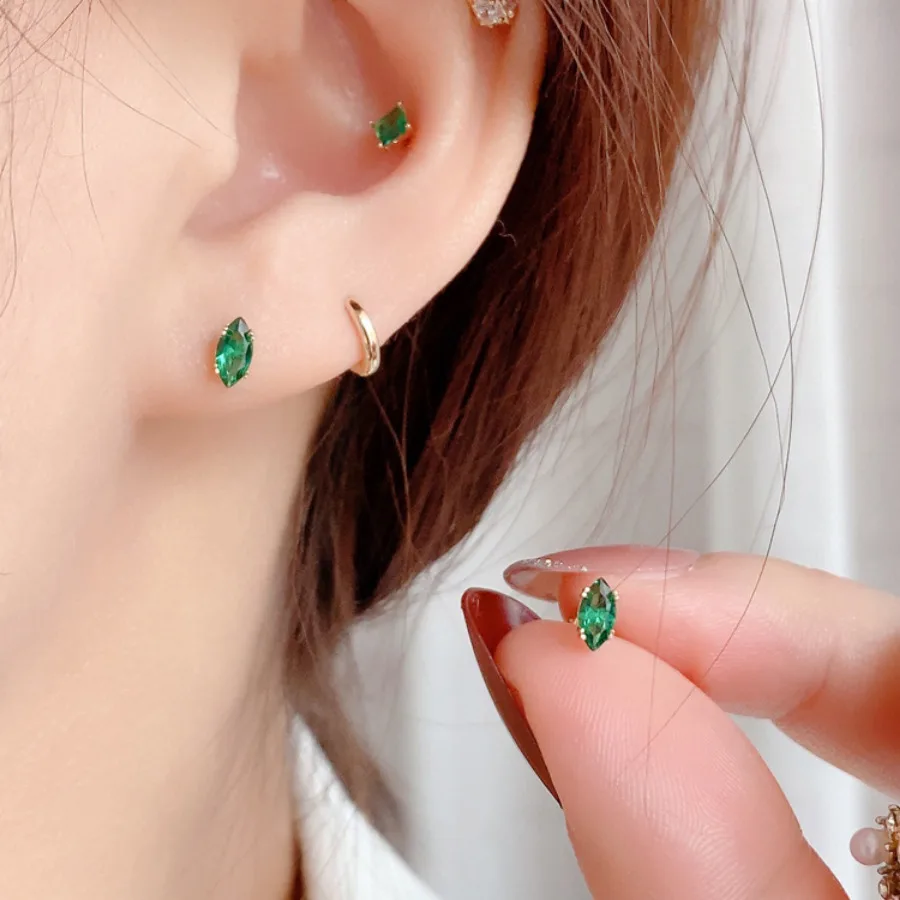 925 Sterling Silver Small Rice Grain Geometric Stud Earrings for Women Emerald Green Oval Korean Earring Wedding Luxury Jewelry