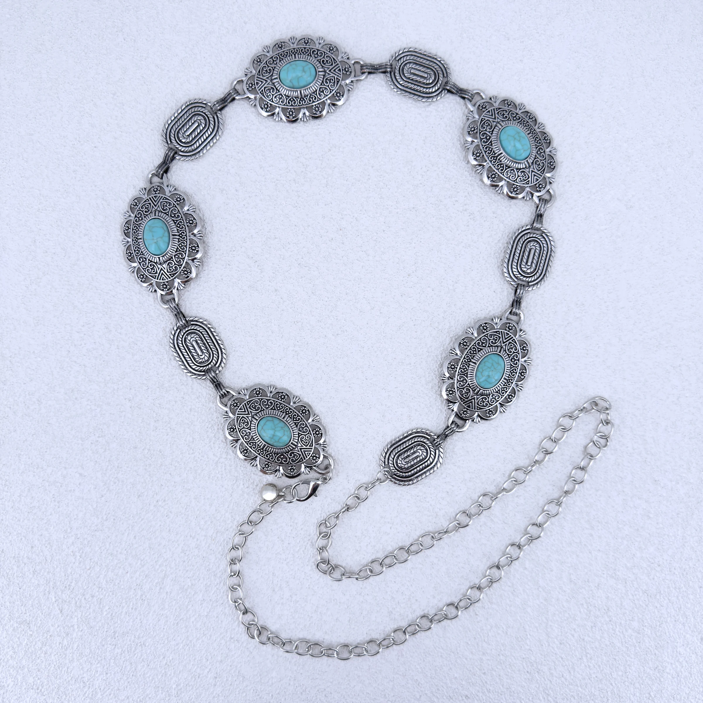 النمط الغربي البوهيمي العرقي القديم لون القصدير البيضاوي مطعمة نمط الفيروز مع السراويل الغربية تنورة سلسلة الخصر للسيدات