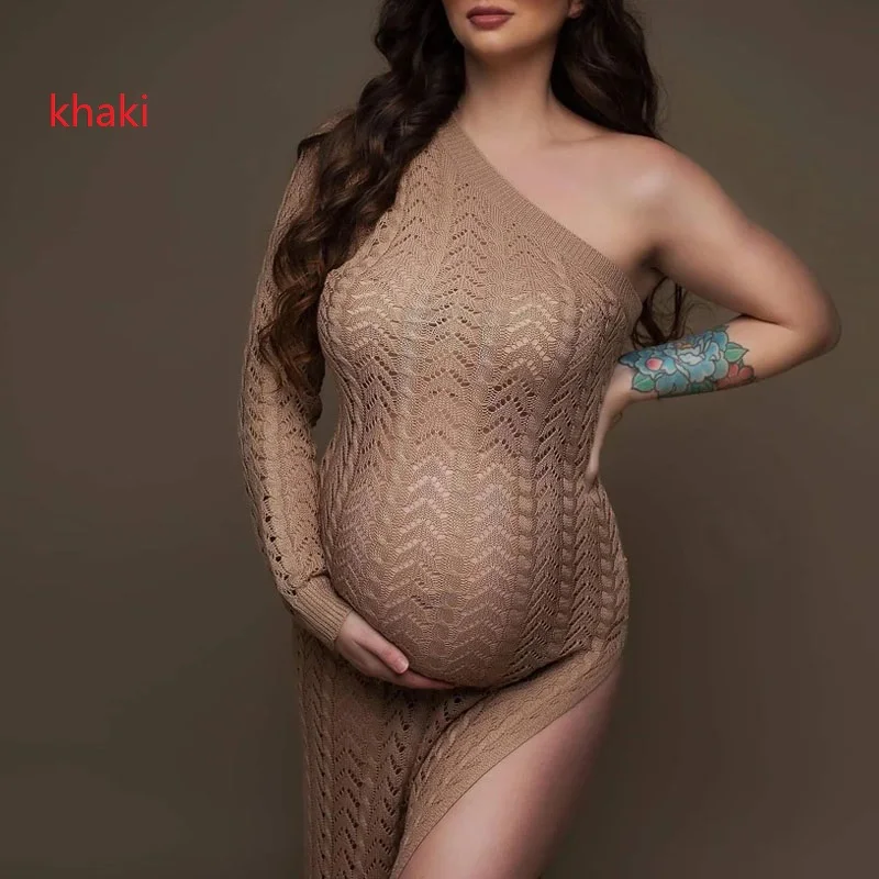 Vestido de fotografía de maternidad de un hombro para mujer, Vestido de punto con abertura alta, falda larga, vestido de fotografía para sesión de