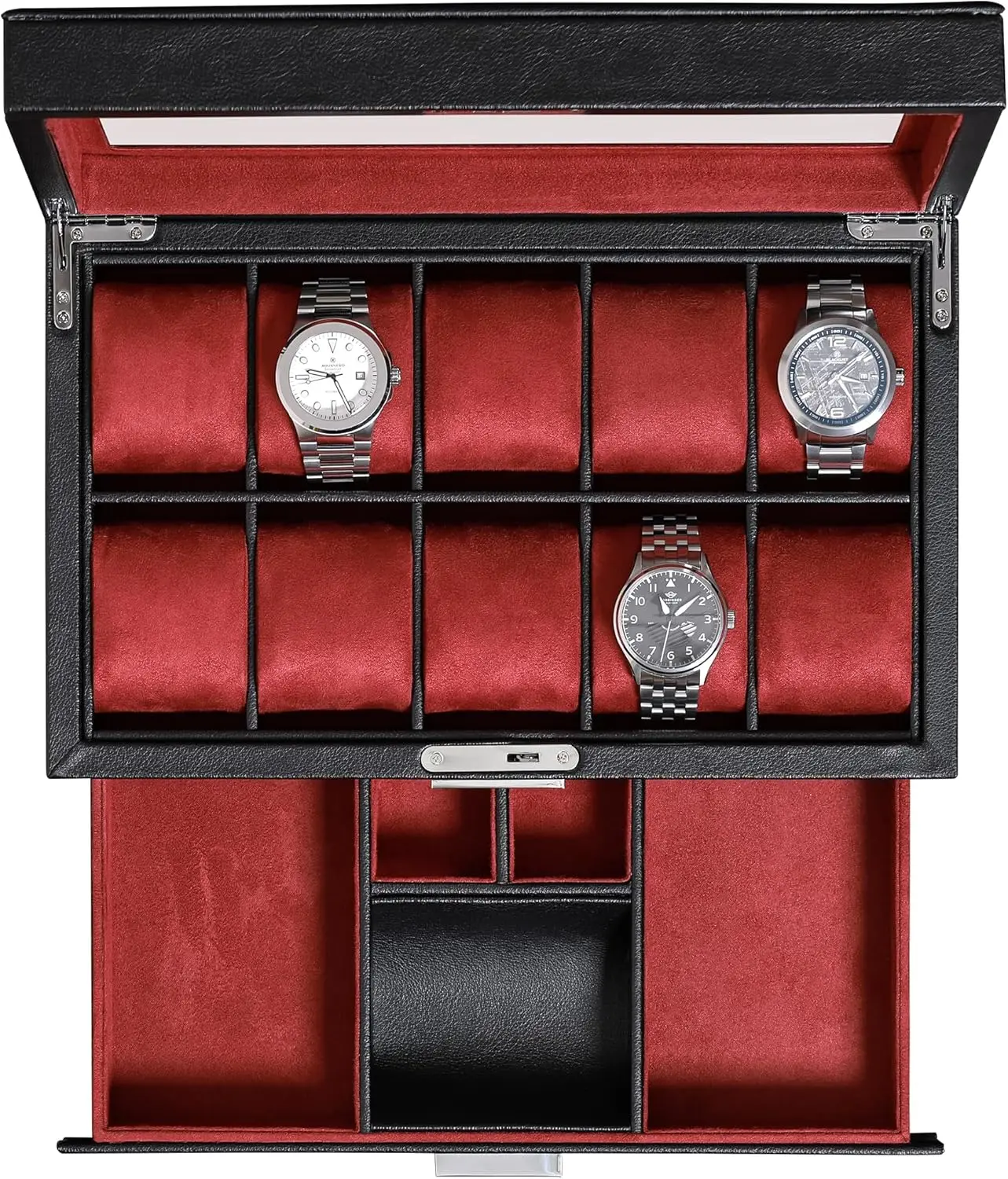 10-Slot Watch Box in Leather with Valet Drawer, Luxury Watch Case Display Organizer with Ultra Soft Microsuede Liner, Jewelry an