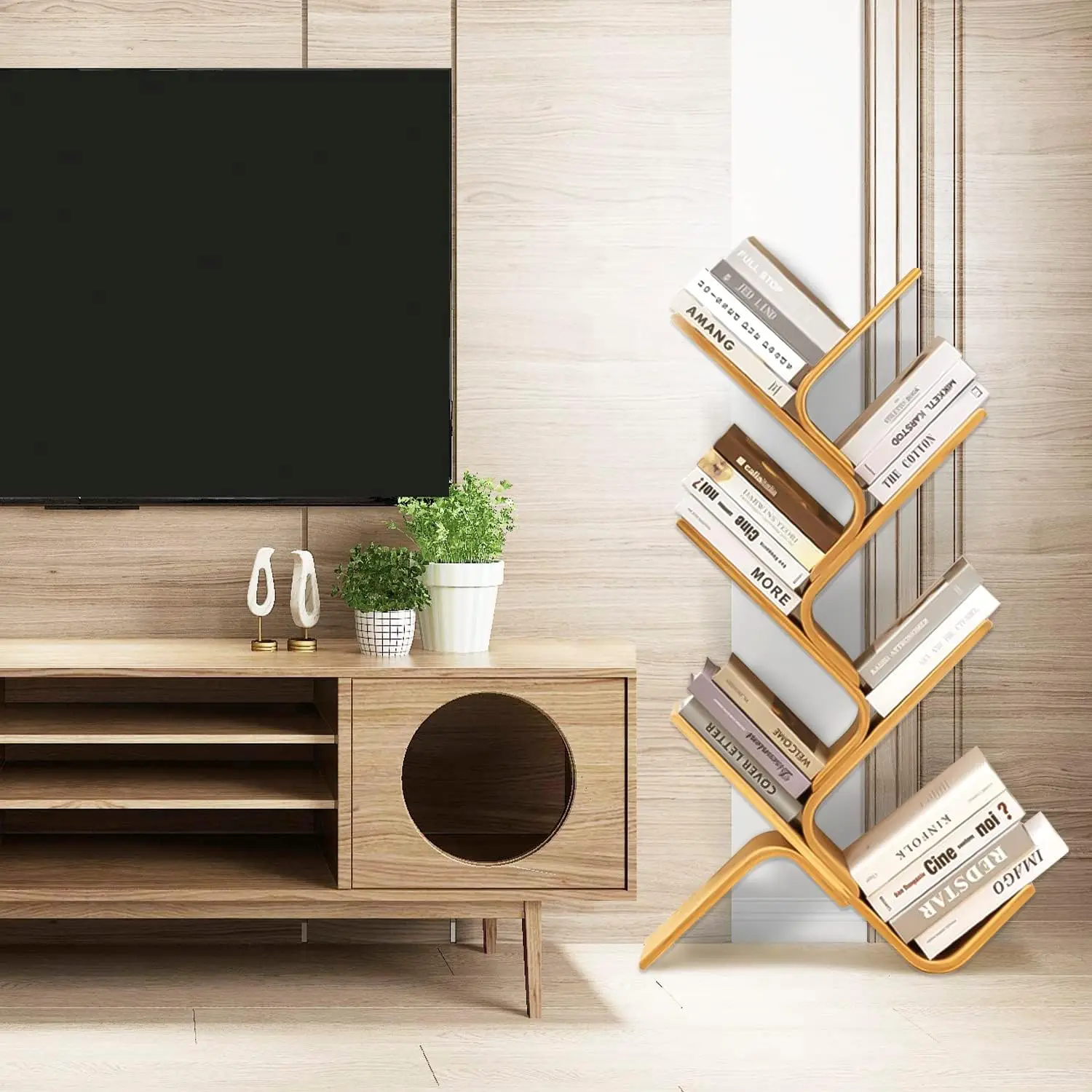 6‑Tier Floor‑Standing Bamboo Tree‑Shaped Bookshelf, Modern Creative Curved Bookcase Organizer, Space‑Saving Corner Storage Rack for Home, Living Room, Bedroom and Office Book Display