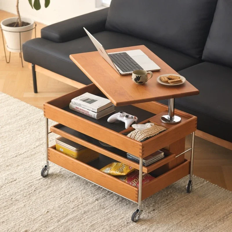 Movable lifting coffee table, living room sofa side few medieval solid wood small apartment storage trolley