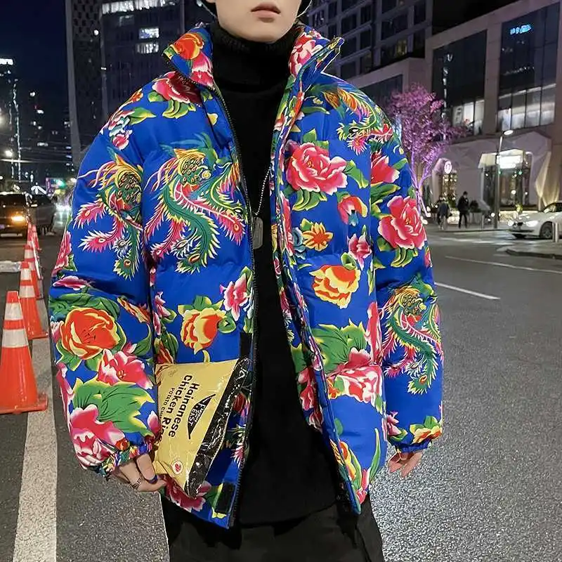 M-5XL 2024 Lovers Flowers Fashion Winter Warm Men Slim Plush Padded Jacket Women Thicken Cotton Outstreet Coat With Pants Suit